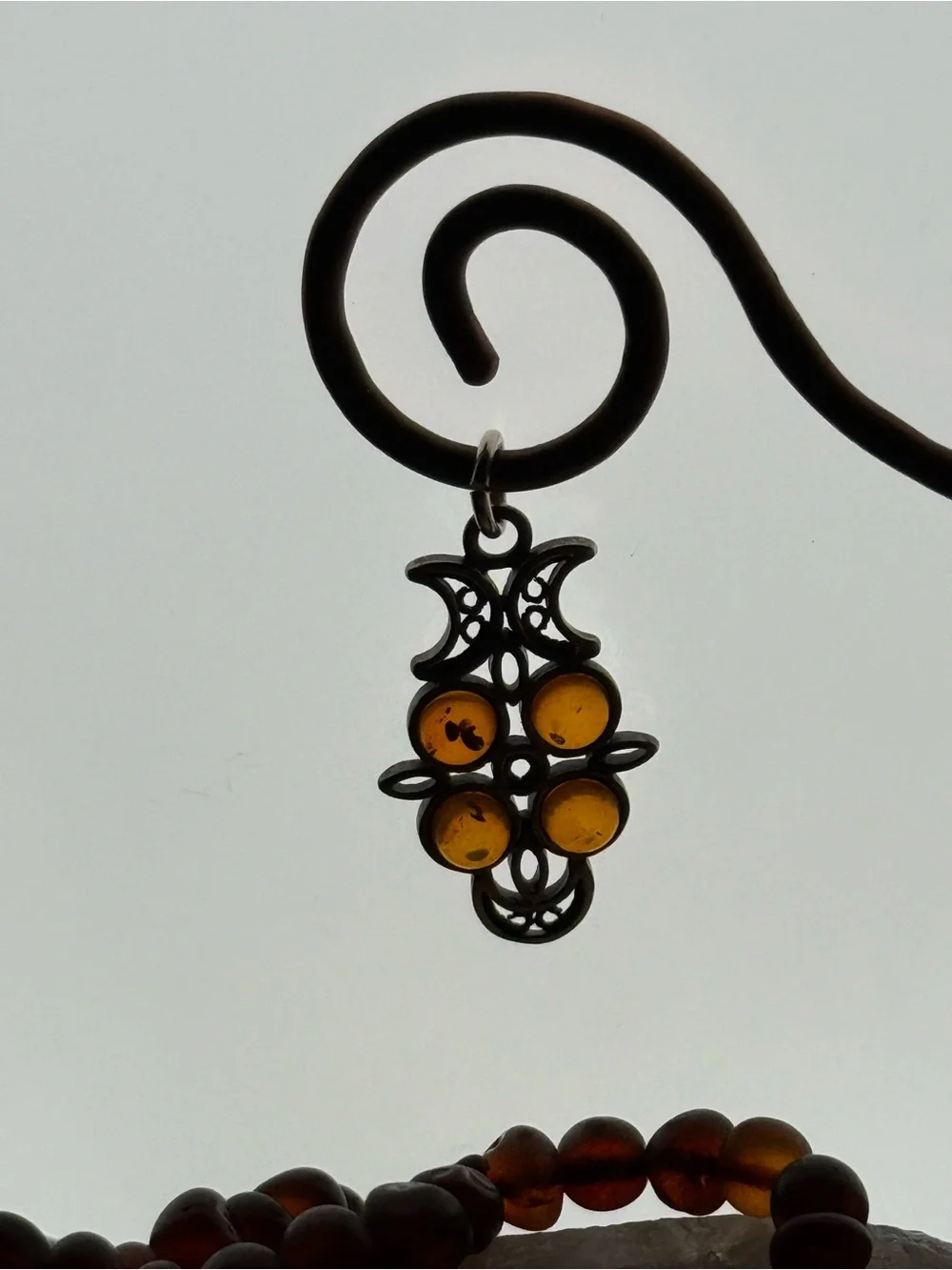 Sterling Silver Amber Crescent Moon Pendant 925 Celestial Boho